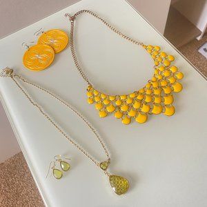 4 PIECE JEWELRY BUNDLE: Groovy 70s Retro Yellow + Green Necklace,  Earring Sets